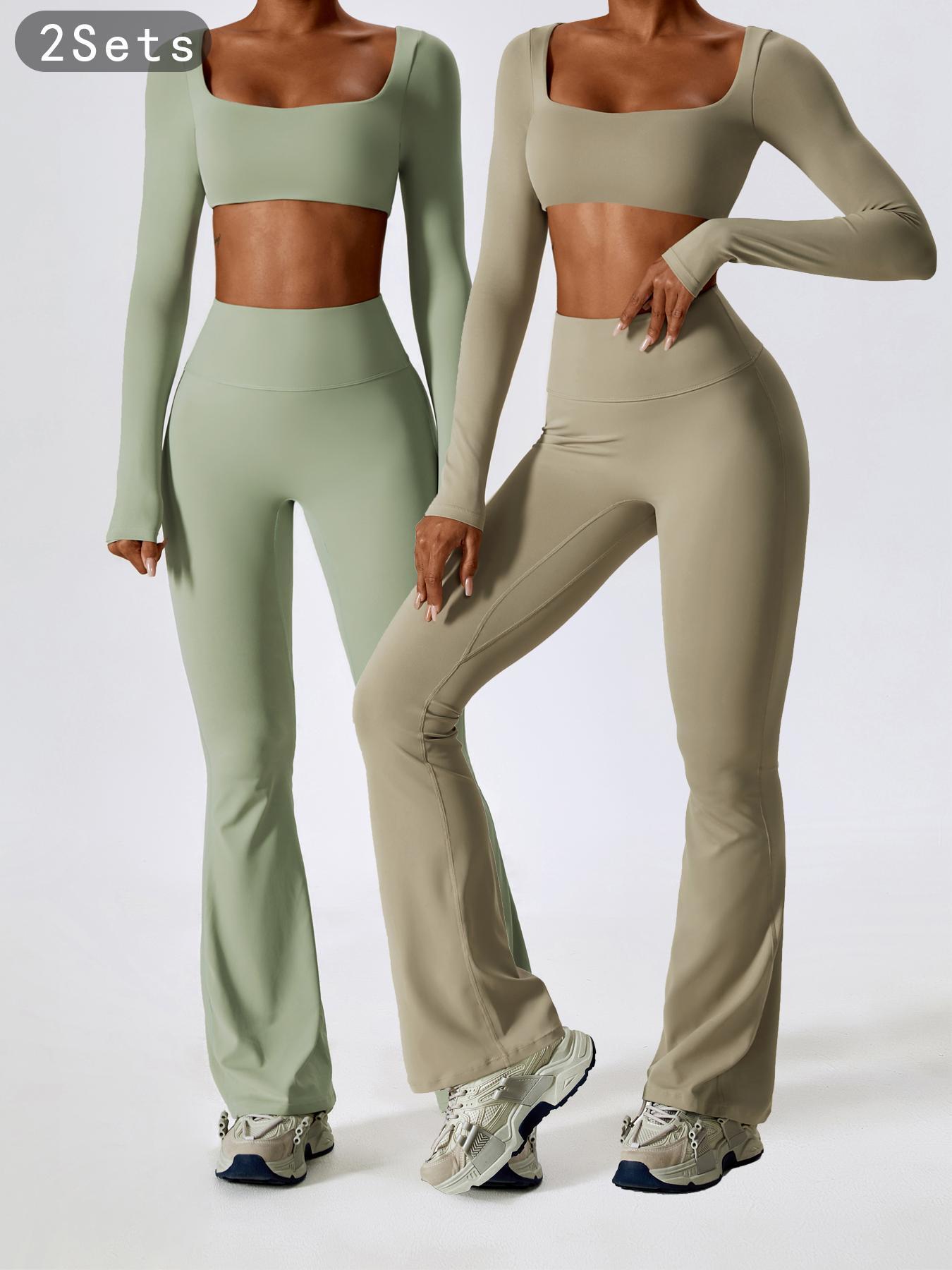 Women's Solid Square Neck Crop Top & High Waist Flare Leg Pants Set, Sporty Comfy Breathable Long Sleeve Top & Bell Bottom Trousers Two/Four-piece Outfits for Yoga Workout, Ladies' Clothes for All Seasons, Gym Wear, Sweatsuit Set