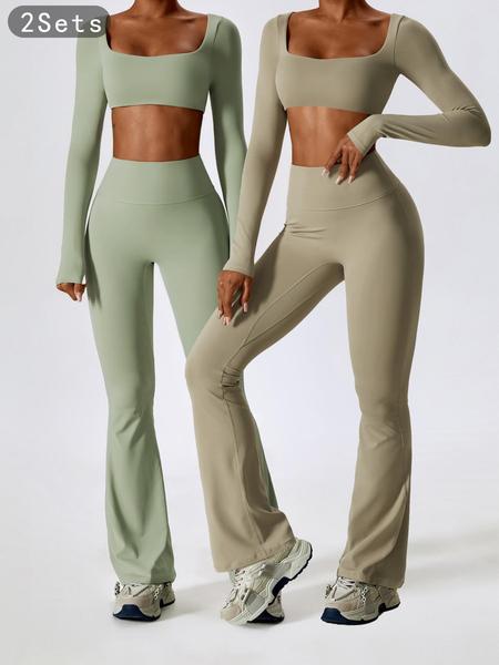 Women's Solid Square Neck Crop Top & High Waist Flare Leg Pants Set, Sporty Comfy Breathable Long Sleeve Top & Bell Bottom Trousers Two/Four-piece Outfits for Yoga Workout, Ladies' Clothes for All Seasons, Gym Wear, Sweatsuit Set