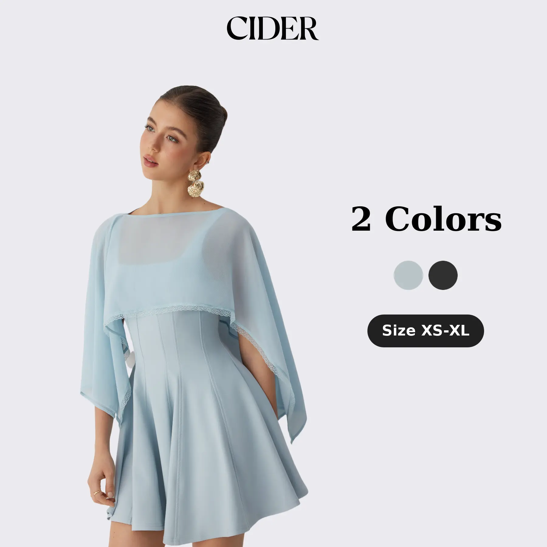 Cider Chiffon Lace Trim Cape & Square Neck Flared Mini Dress Set