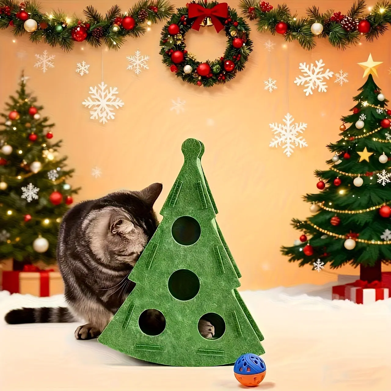 Christmas Tree Felt Snuffle Box Cat Puzzle Toy, Slow Feeder Treat Game Box for Kitten, Hide Freeze-Dried Snacks Interactive Enrichment Toy