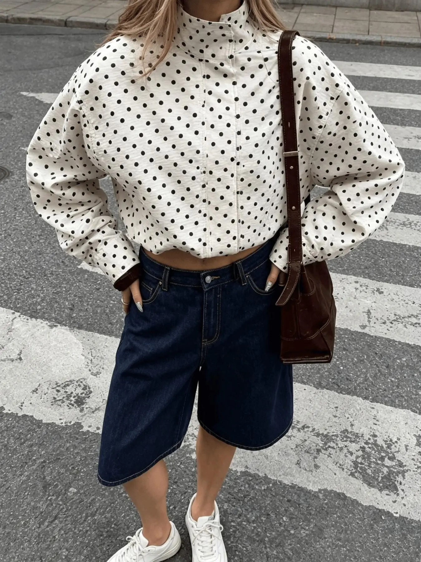 Women's Polka Dot Long Sleeve Casual Zipper Front Jacket, Spring & Fall Streetwear Outerwear, Daily Wear Fashion Coat
