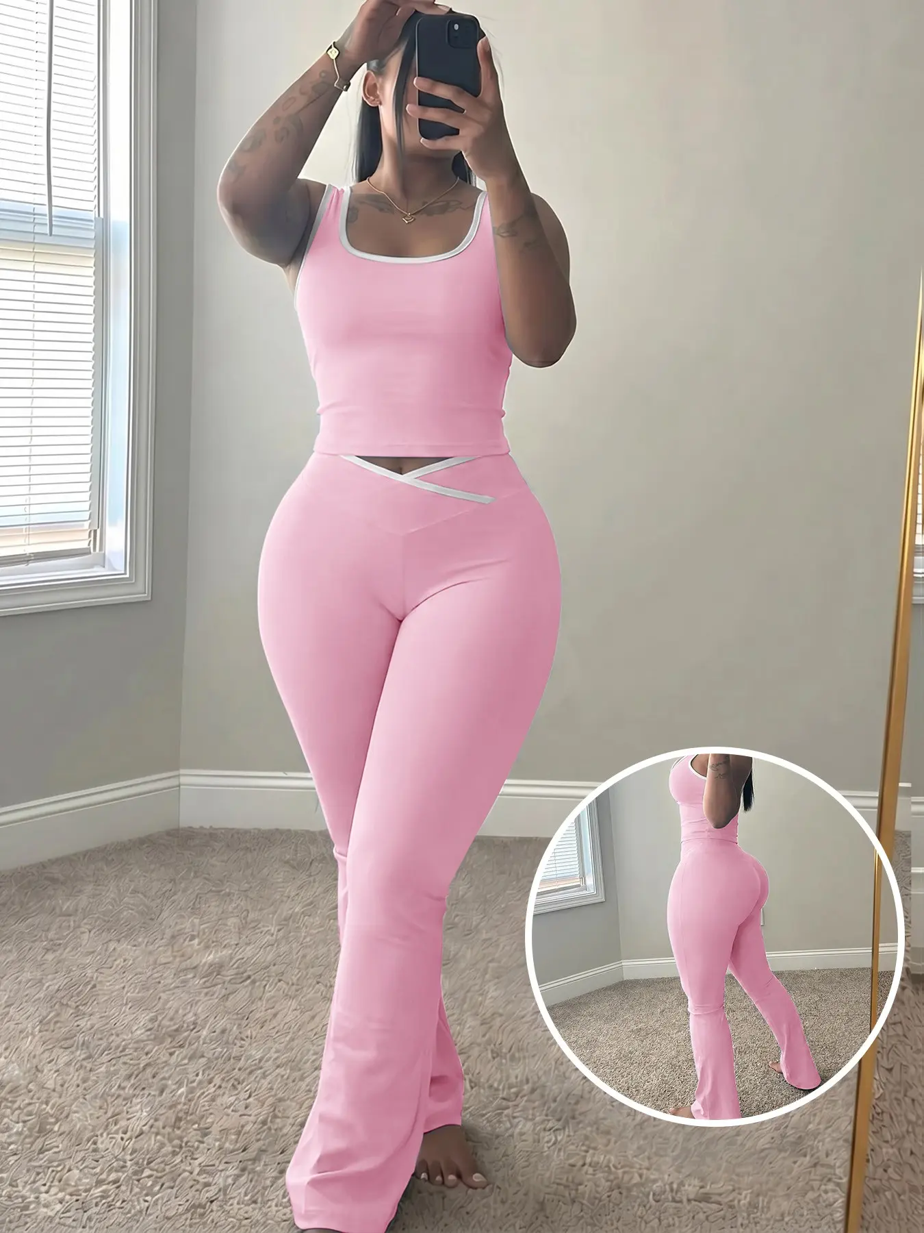 Women's U Neck Wide Strap Loungewear Set, Crop Tank Top & Flare Pants, Summer Casual 2 Piece, Short Sleeve, Ankle Length, Adjustable Drawstring Design