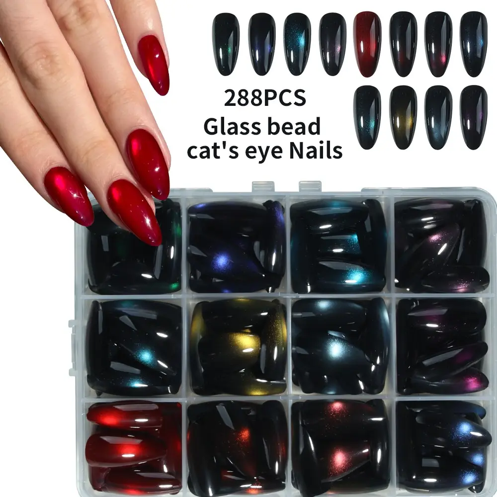288pcs Almond Nails, Multi-Color Base Cat Eye Press-On Nail Tips, Reusable, Multiple Sizes, Easy to Wear, Perfect for All Seasons
