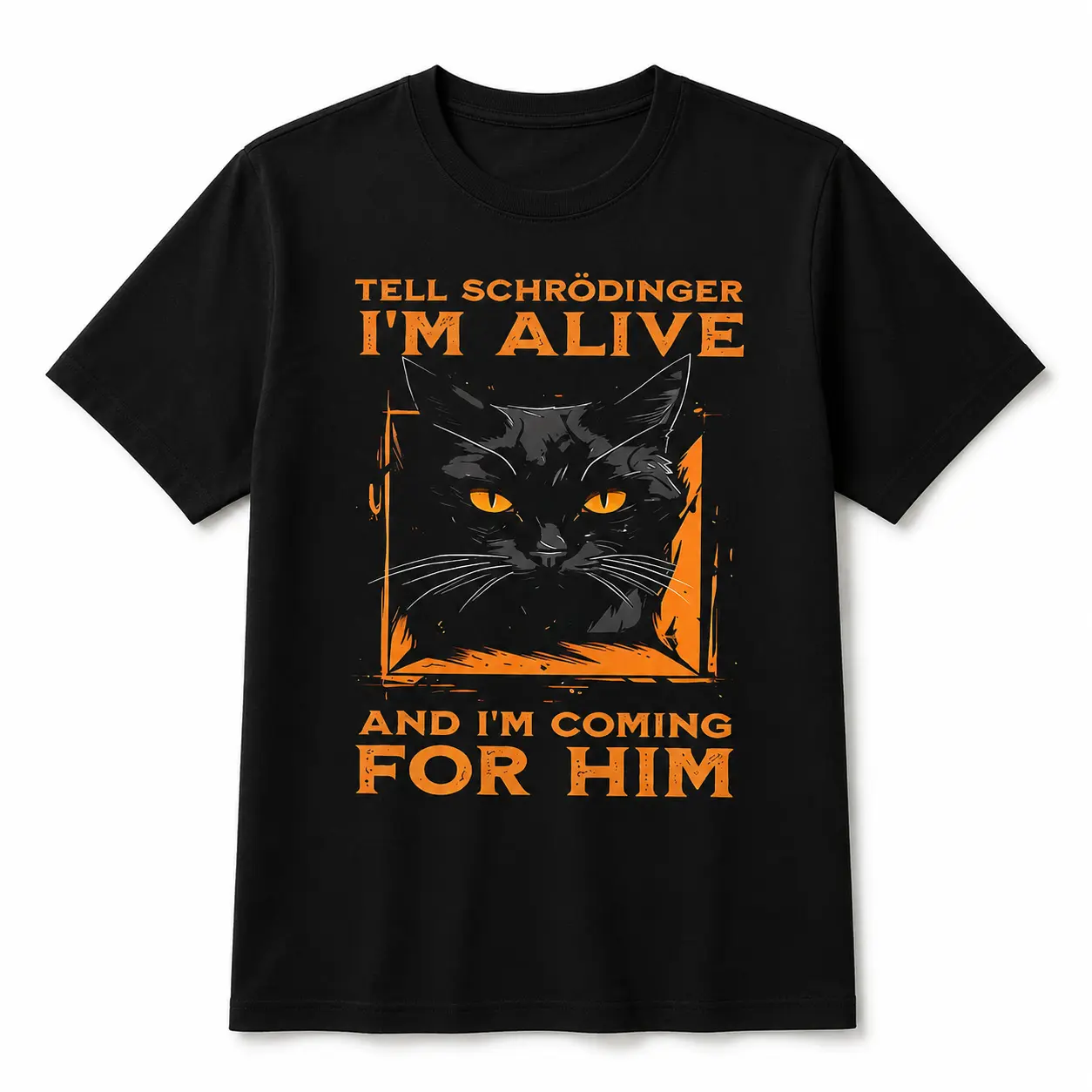 Quantum Mechanics Meme Print Casual Crew Neck Men's T-Shirt, Cat Pattern Men's Top, Gift for Quantum Enthusiasts, Fun T-Shirt for Friends, Halloween Party Novelty Shirt, Orange-Eyed Black Cat Print Men's Clothing, Fun Gift, Casua