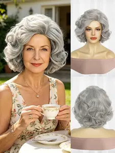Silver grey vintage fluffy short wig for senior women, realistic salt-pepper curls with natural elegant texture. Great for Halloween cosplay, film roles, vintage stage shows & holiday outfits, delivering sophisticated elderly lady aesthetics.