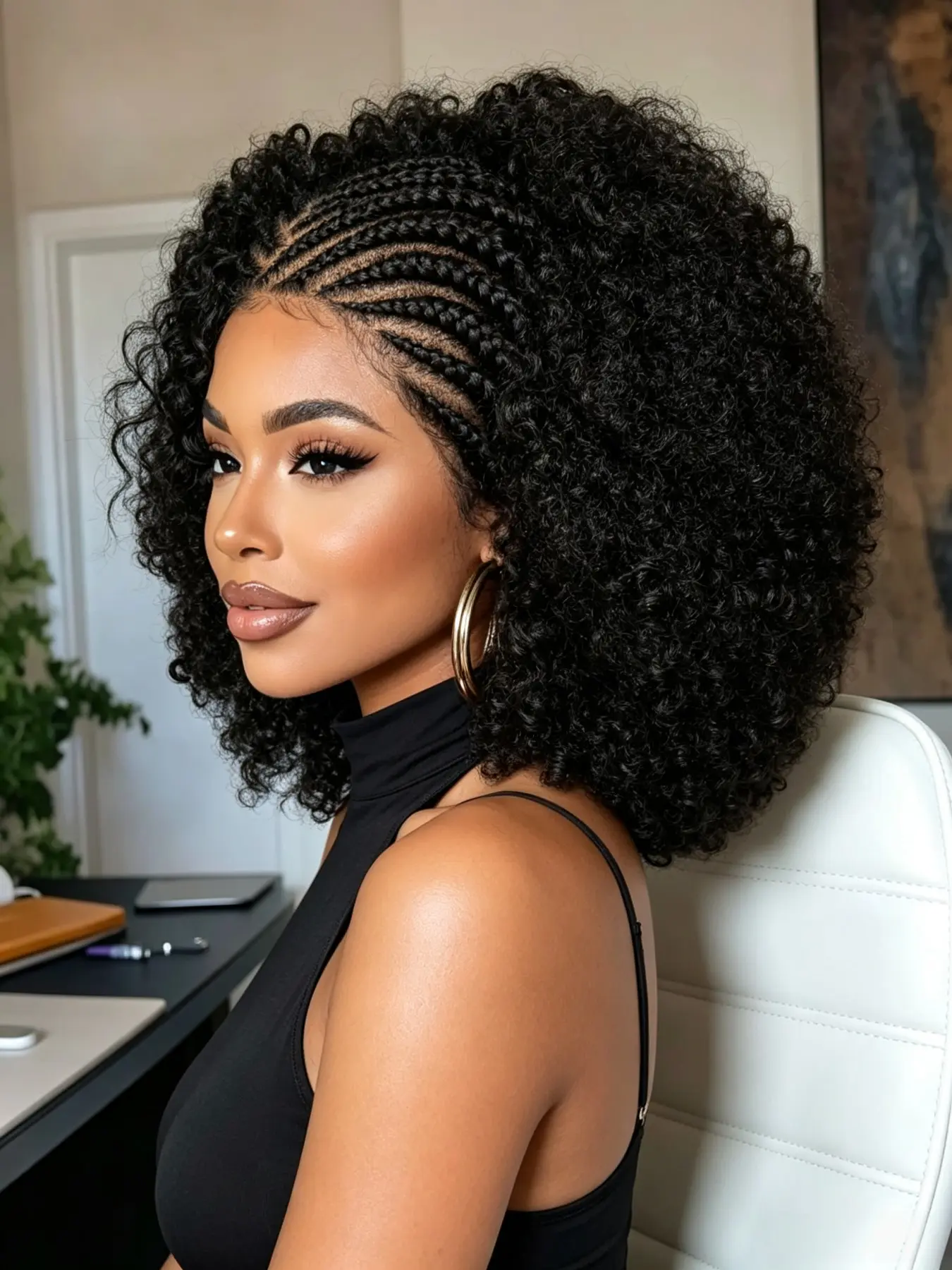 8 Inch Full Lace Wig, Handmade V-Shaped Cornrow Braids Puff, Pre-Plucked Baby Hair, Adjustable Cap, Natural Look, Synthetic Curly Wig