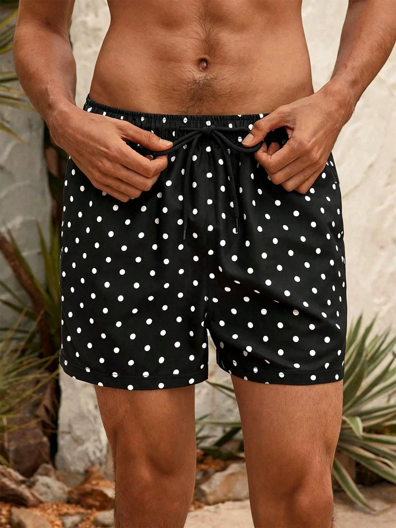 Men's Black White Polka Dot Full Print Beach Swimming Shorts, Drawstring Elastic Waist Loose Fit, Quick Dry Lined Light Fabric, Side Pocket Design, Summer Bottoms For Seaside Pool Vacation Casual Daily Outfits, Swimwear Shorts