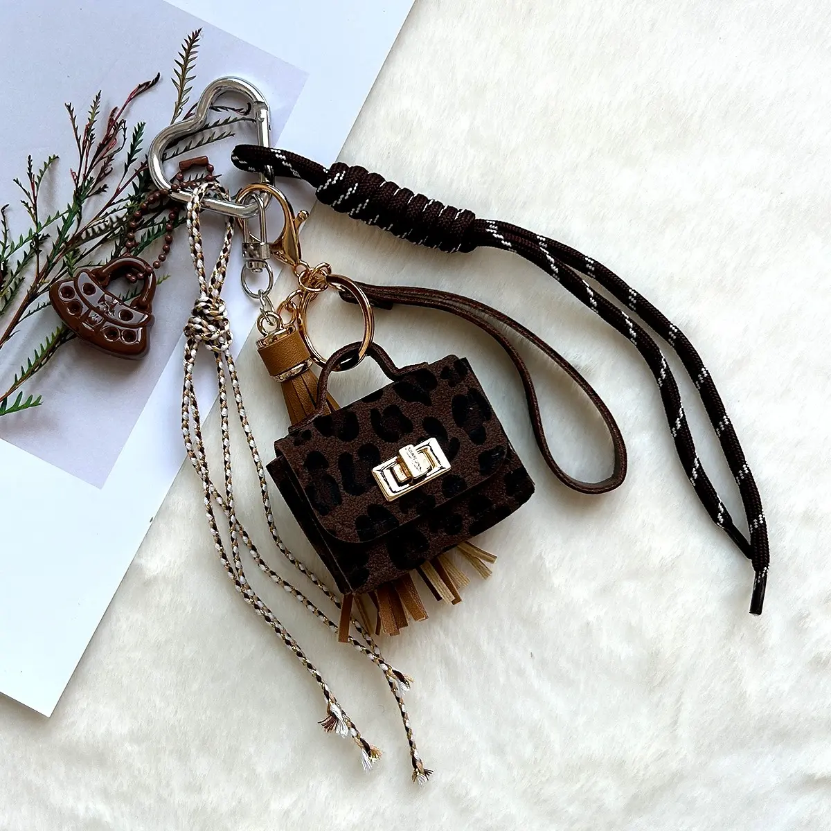 Vintage Leopard Mini Bag Charm, Leather Texture, Magnetic Closure, Fits Tote Bags, Keychains, Fall Winter Accessory