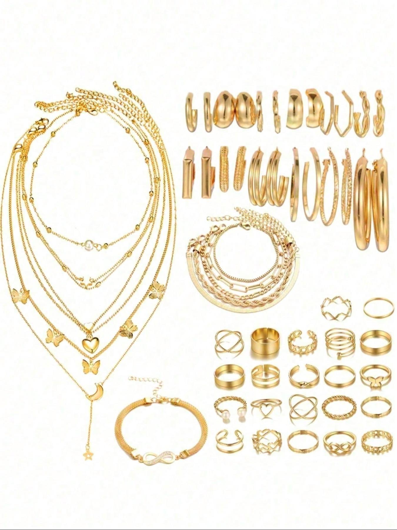 Vintage Jewelry Set, Butterfly Heart Pearl Star Moon Rhinestone Wide Ring Snake Chain Braid Geometric C Earrings Necklace Bracelet Gift Vintage Jewelry Set, Butterfly Heart Pearl Star Moon Rhinestone Wide Ring Snake Chain Braid Geometric C Earrings Necklace Bracelet Gift