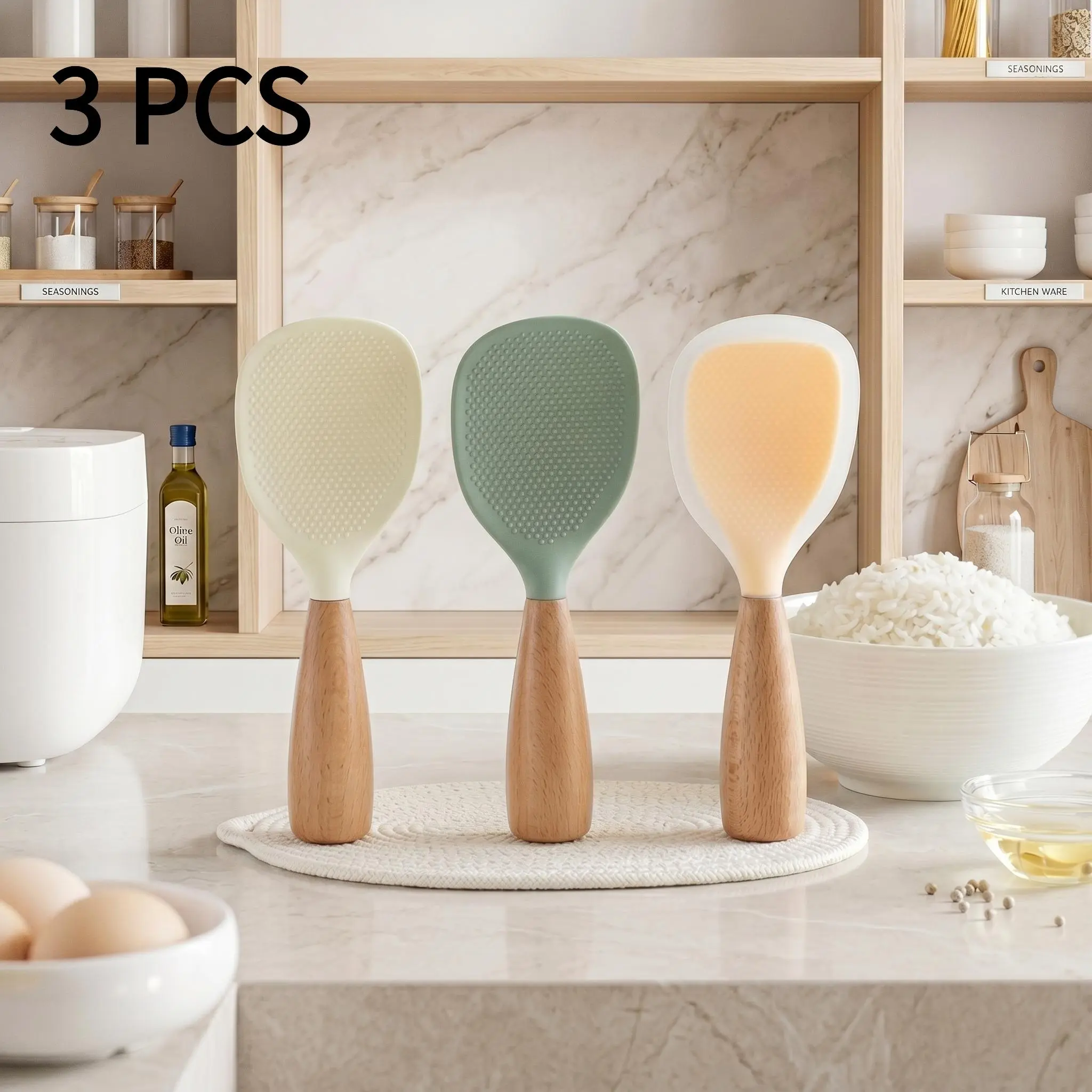 3 PCS Silicone Spoon with Wooden Handle, Heat-Insulation & Heat-Resistant Multifunctional Spatula Spoon for Rice Cooker, Practical Kitchen Tool for Home & Restaurant, Kitchen Cooking Accessories, Wooden Cooking Tools, Kitchen Utensils-YY1