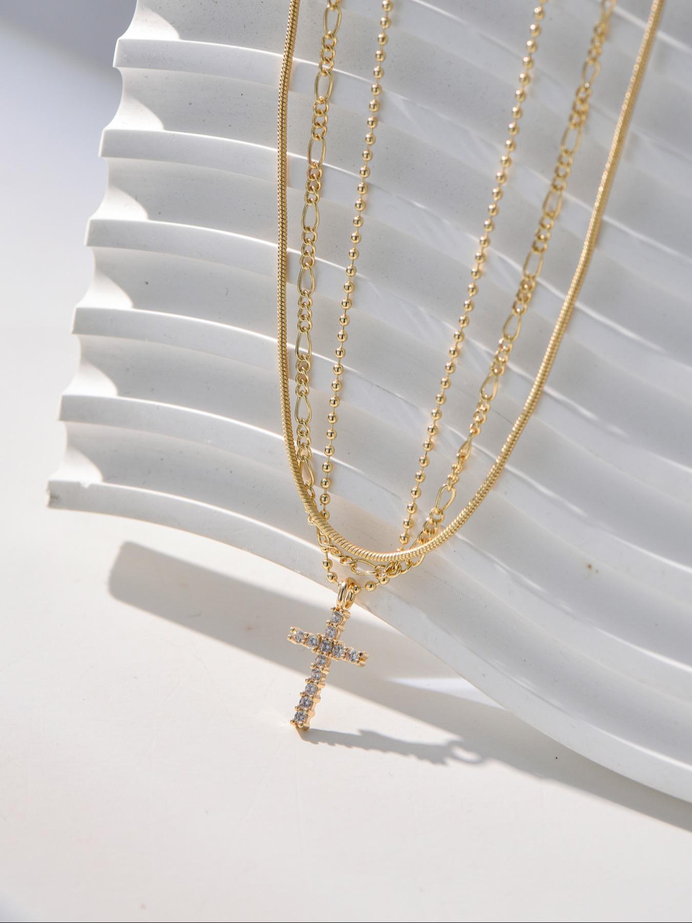 Elegant Women's Layered Necklace Set, Multi-Layer with Artificial Zirconia Stones, Faith-Inspired Jewelry Collection, Cross Charm Necklace, Multilayer Cross Necklace