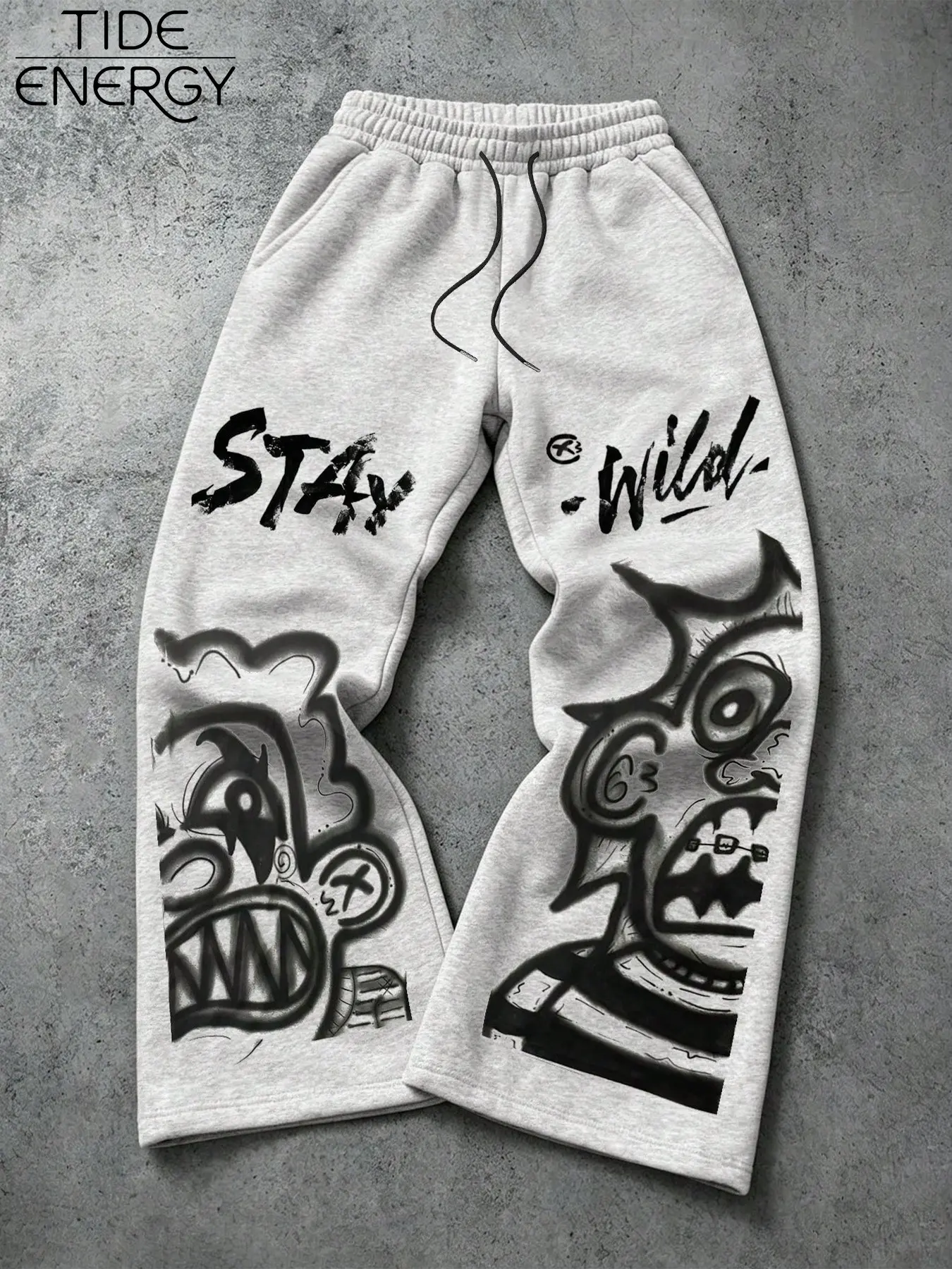 Y2K Dark Style Wide Leg Sweatpants, Casual Graphic Print, Abstract Monster & Brush Font, Punk Skateboard Streetwear, Drawstring Waist, Autumn Casual Pants