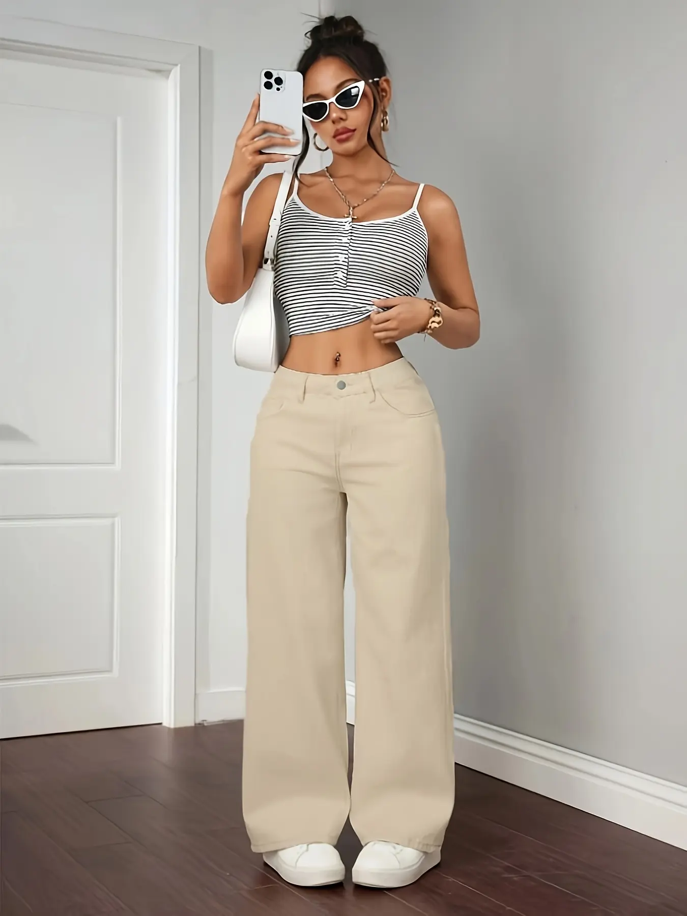 Women's High Waist Wide Leg Pants, Chic Elegant Loose-Fitting Skinny Jeans, All Seasons Fashion, Plain Pattern, Comfortable and Stylish