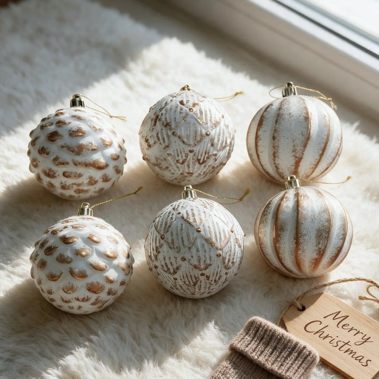 6Pcs Vintage Distressed White Gold Christmas Baubles, 3.15 Inch Plastic Hanging Ornaments, Farmhouse Christmas Tree Decor for Thanksgiving Autumn Party Holiday Decoration