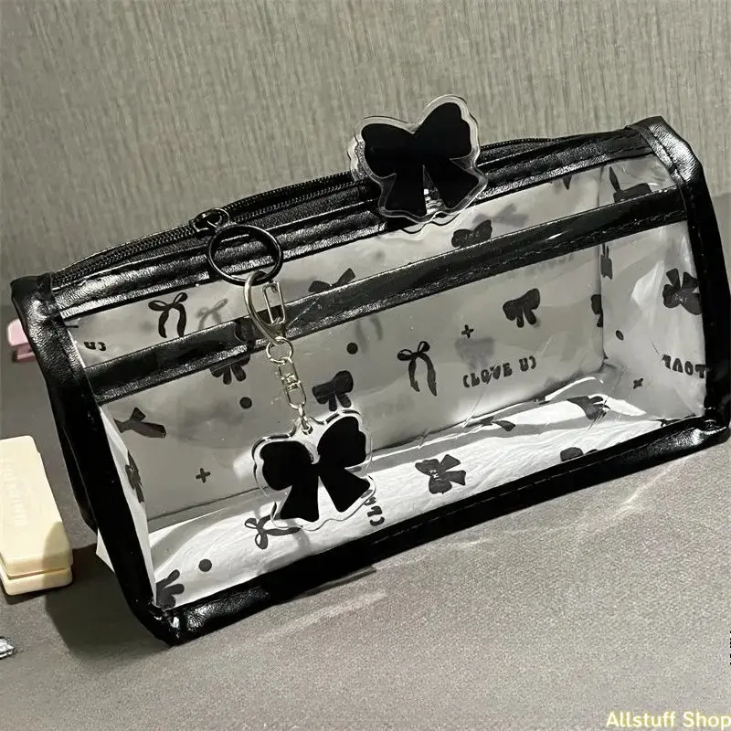 Cute Clear Pencil Case with Black Bow Accent – Large-Capacity Stationery Organizer for School & Travel (Dual-Use Zippered Pouch for Stationery & Cosmetics) campingessentials tiktokshopbacktoschool