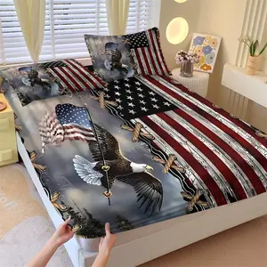 American Vintage Bald Eagle Flag Fitted Sheet Set & 2 Coreless Pillowcases-Wild West Bald Eagle Outdoor Military Vibe-Comfortable Non-Slip Mattress Protector-Military Workwear Style Bedroom Decor