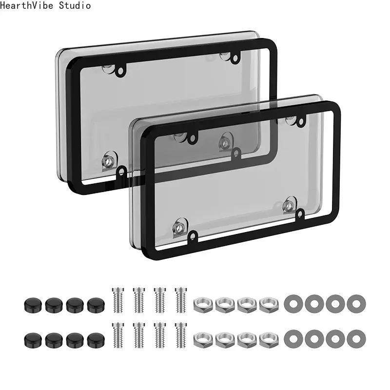 Smoked License Plate Covers and Frames 2 Pack, Unbreakable Tinted Car Tag Shield Protector Combo with Anti-Theft Screw Caps Hardware, Universal Fit for Auto Truck SUV Exterior Accessories