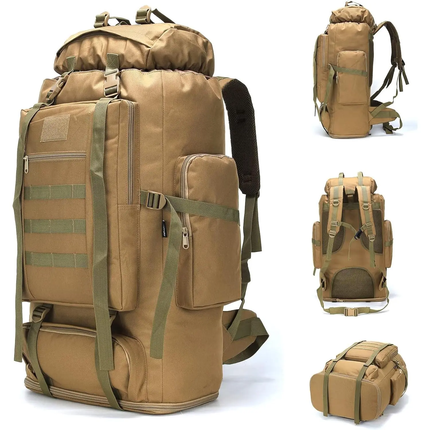 100L Hiking Camping Backpack MOLLE Rucksack  Daypack for Traveling (Khaki)