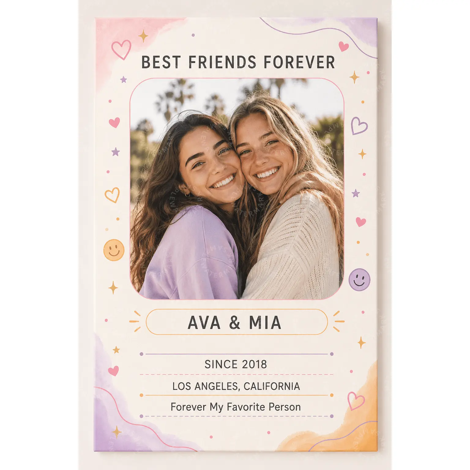Custom Best Friends Photo Poster - Multi-Size Pine Wood Backed Personalized BFF Lightweight Colorful Artwork, Pastel Hearts Smile Wall Decor, Friendship Keepsake Aesthetic Print, Teen Bedroom Birthday Gift, One-Piece