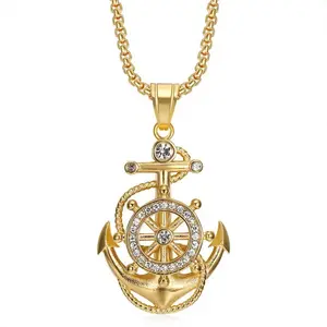 Hip Hop Nautical Ship Anchor Pendant Necklace, Vacuum Gold Plated Titanium Steel with Clear Rhinestone, Trendy Men's Streetwear Statement Fashion Jewelry