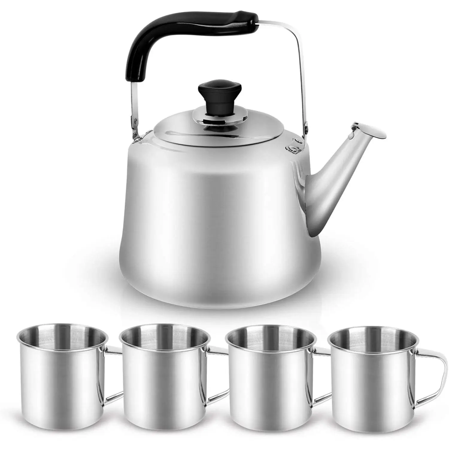 Odoland 3.8Qt Stainless Steel Camping Tea Kettle Set with 4 Cups | Durable Camp Water Kettle Tea Pot for Stovetop, Family & Kitchen Use, Outdoor Hiking, Backpacking, Picnic and Indoor Home