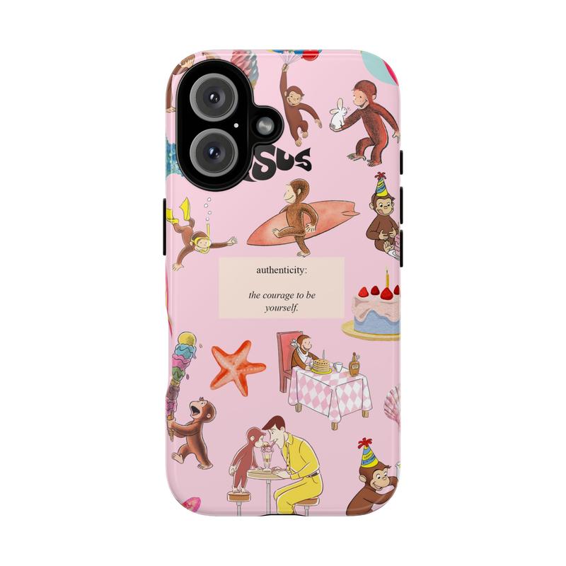 Cute Cartoon Monkey Tough Phone Case, Curious Georgeee, Fun Pink Animal Design Protective Phone Cover for Girls & Kids, Protective Cover, Pink Tone Case iPhone 17 Air 16 Promax 15 Plus 14 13 12 11.MFL22