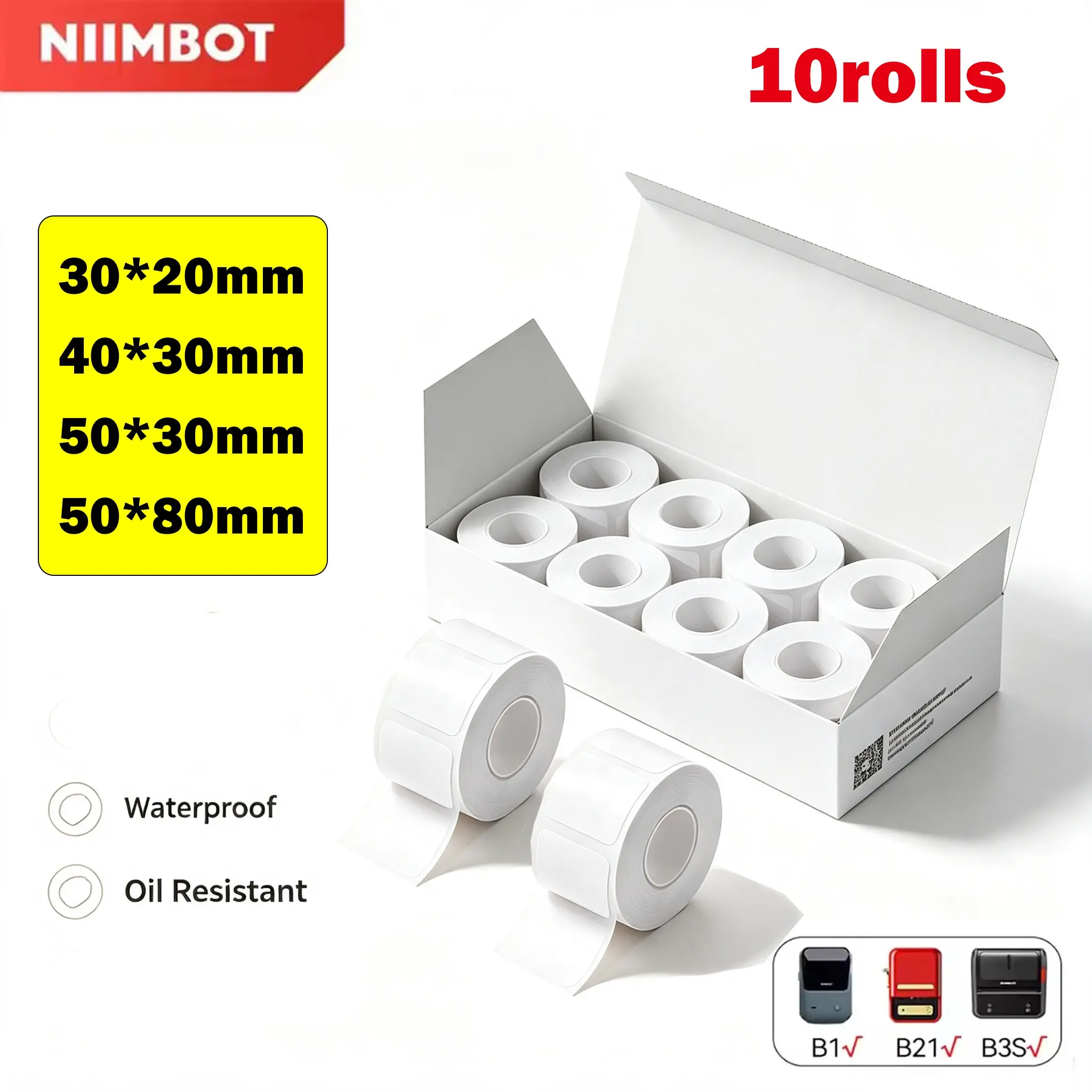 10 Rolls Niimbot B1 B21 B3s B31 B203 Thermal Label Tape, Label Printer Tape, 40x30mm 40x60mm 50x30mm 60x40mm 40x20mm, Waterproof Retail Store Sticker