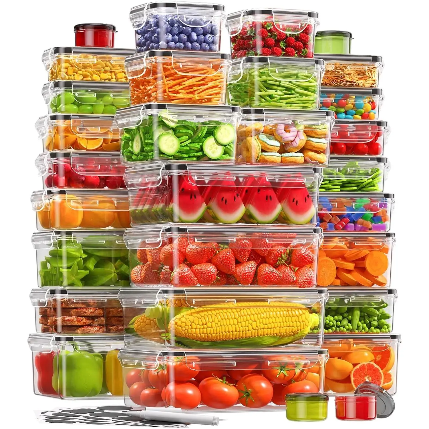 60 PCS Food Storage Containers with Lids, BPA-Free Plastic Food Containers for Kitchen Storage, Leak Proof, Reusable Meal Prep Containers with Labels & Pen