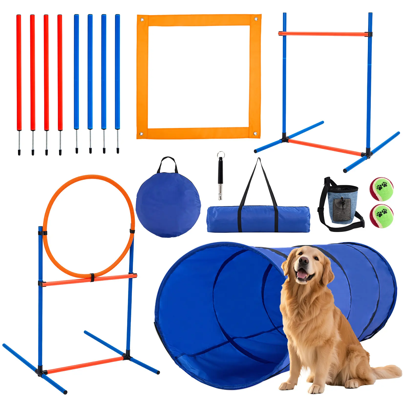 5-in-1 Dog Obstacle Course Set, 0-35 in Adjustable Hurdle & Hoop, Tunnel, Weave Poles, Pause Box, Portable Carry Bag