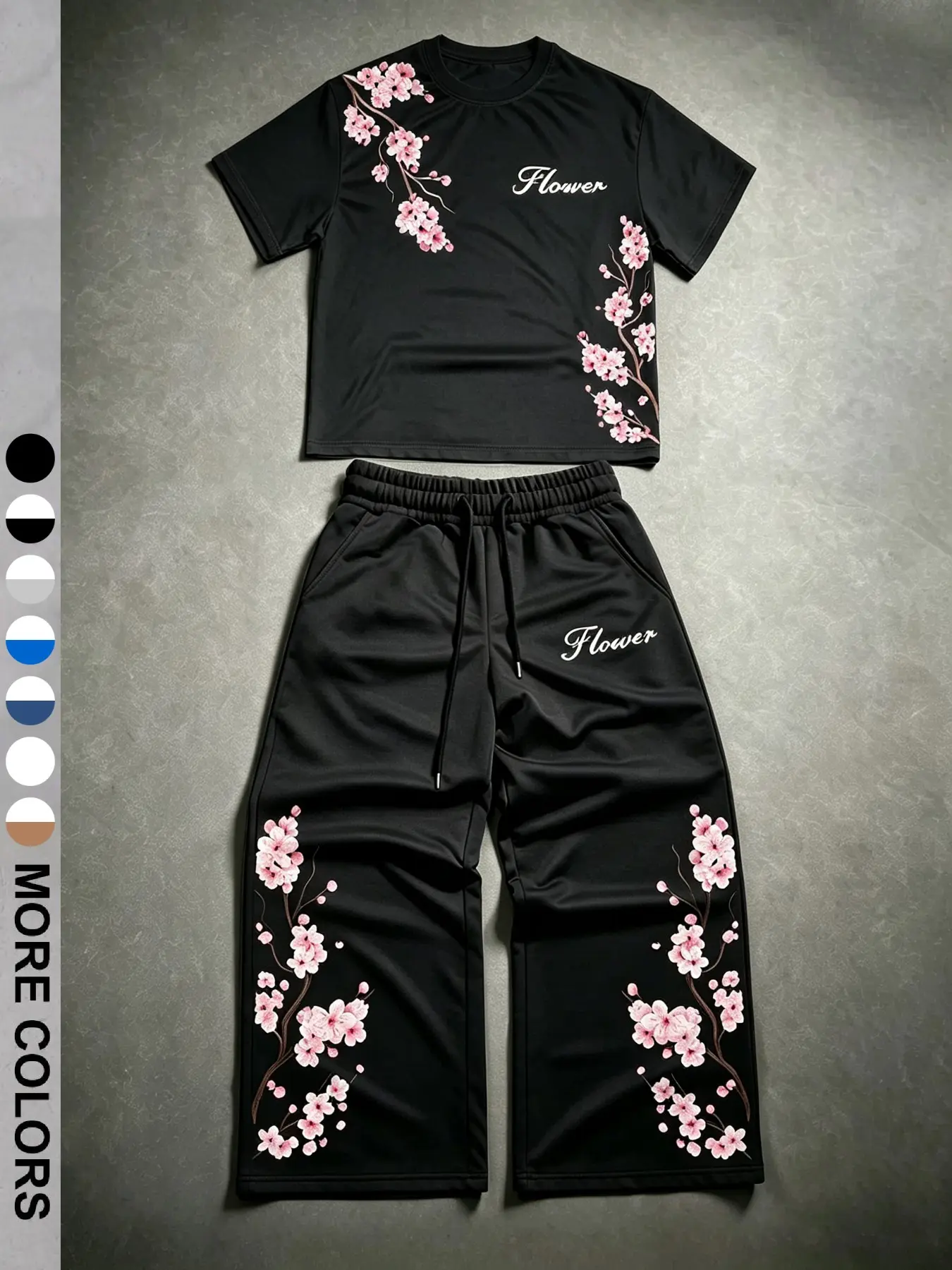 Unisex Y2K Sakura Cherry Blossom Print T-Shirt & Wide Leg Pants 2 Piece Set | Japanese Floral Summer Streetwear | Anime Streetwear Outfit for Men & Women