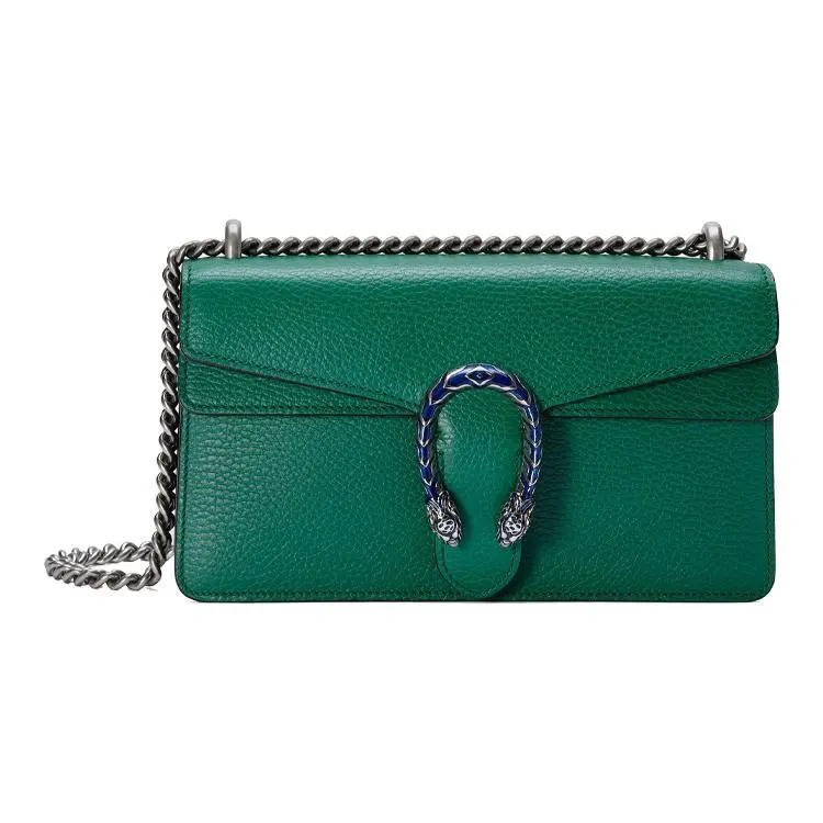 Gucci Dionysus Distressed Tiger-Head Clasp Chain Leather Crossbody Bag for Women, Small Size, Green