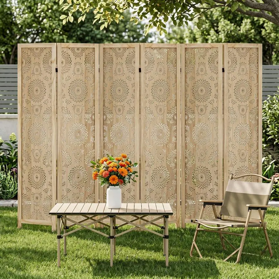 96/64 Inch Boho Folding Room Divider Wood Screen, 4/6 Panels Wood Carved Privacy Screens, Freestanding Hand Carved Decorative Functional Versatile Portable Partition Reversible Privacy Bedroom, Home, Office, Free Assembled,Oak