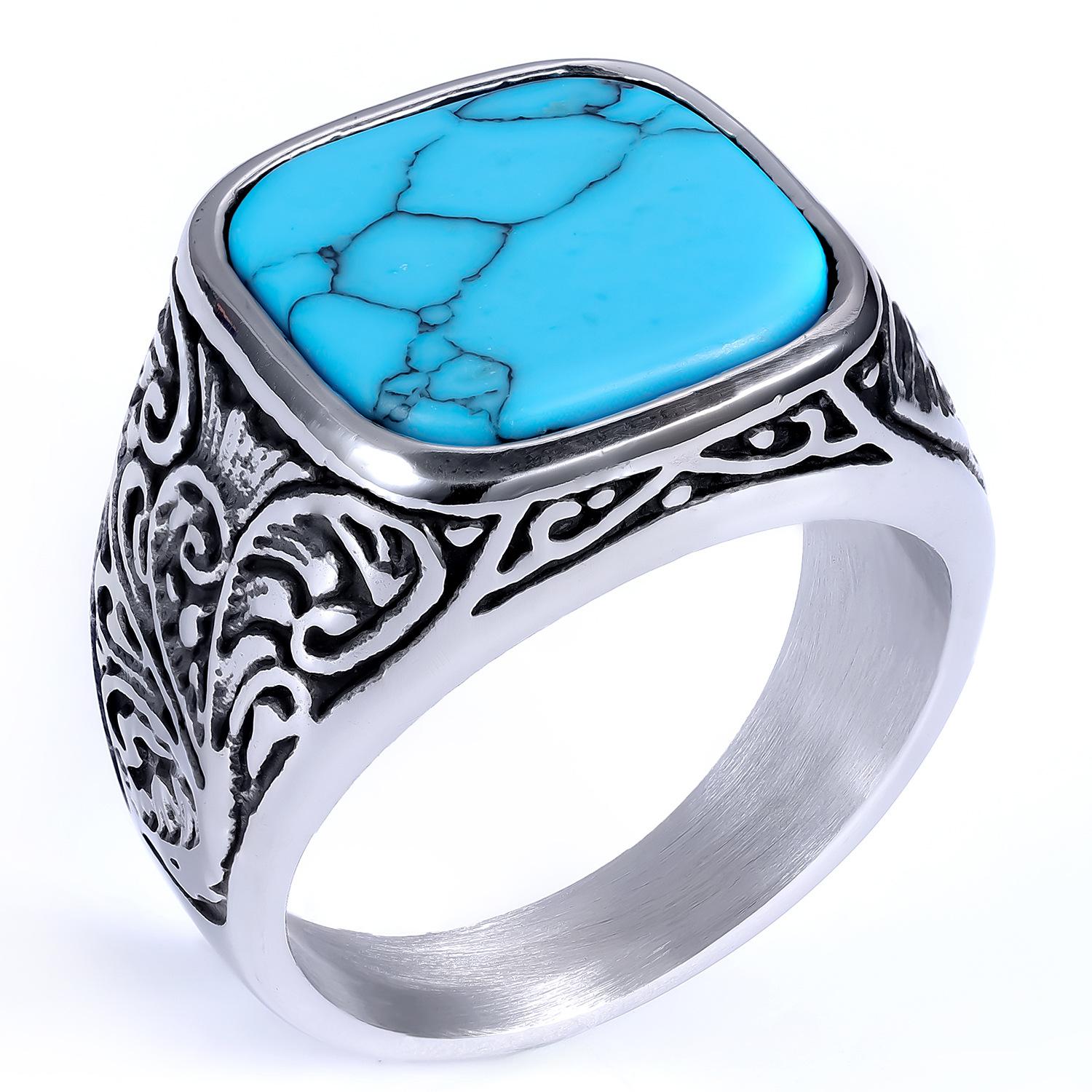 Unique European and American style, unisex carved minimalist square turquoise ring