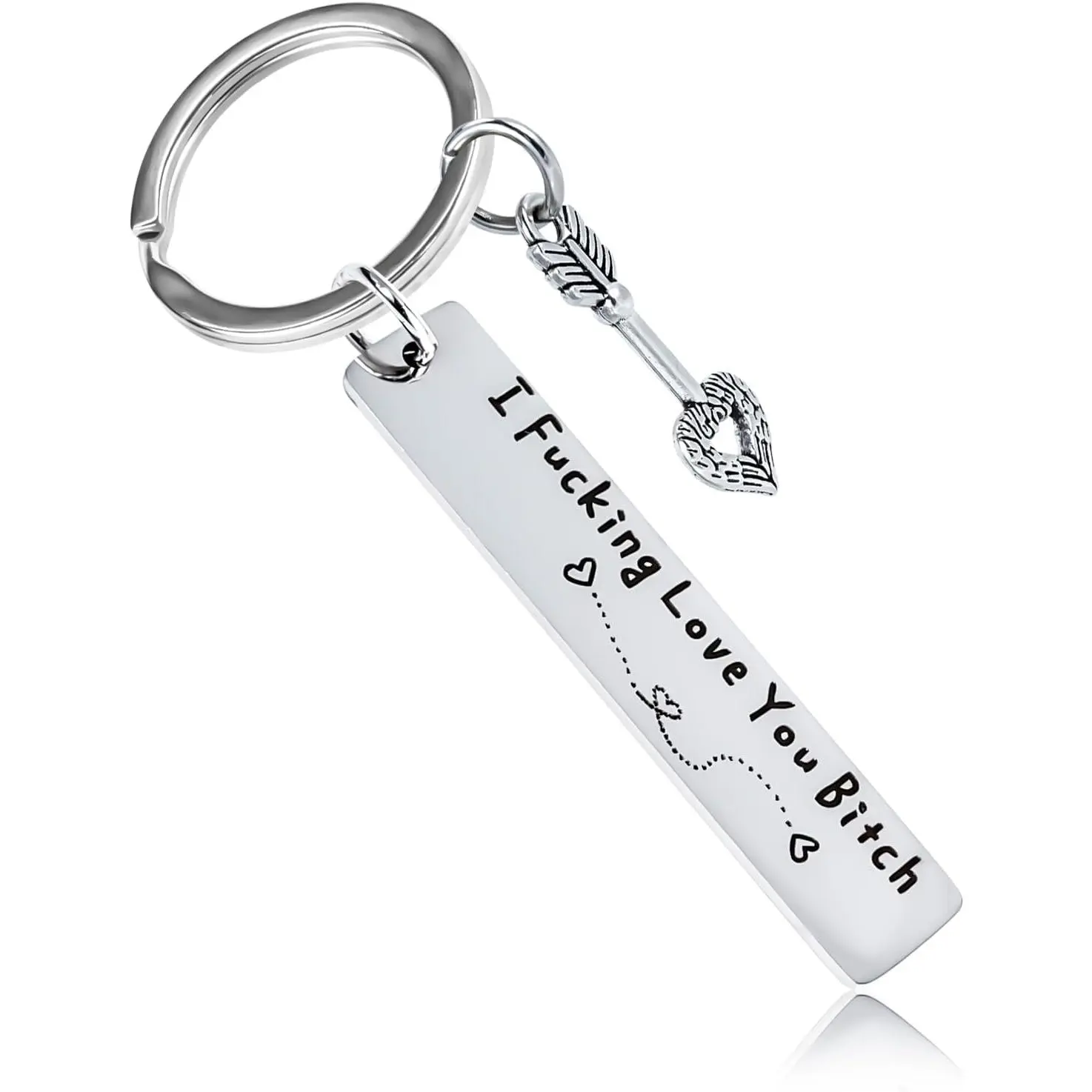 Funny Edgy Couple Keychain, I Fucking Love You Bitch Engraved Stainless Steel Key Ring with Arrow Heart Charm, Sarcastic Romantic Novelty Gift for Girlfriend Boyfriend, Rude Sweet Love Keepsake for Anniversary Valentine’s Day