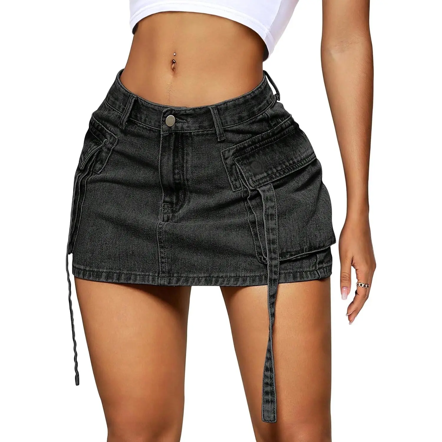 Y2K Style Low Waist Denim Cargo Mini Skirt, Women Summer Jean Skirt with Flap Pockets & Buttons