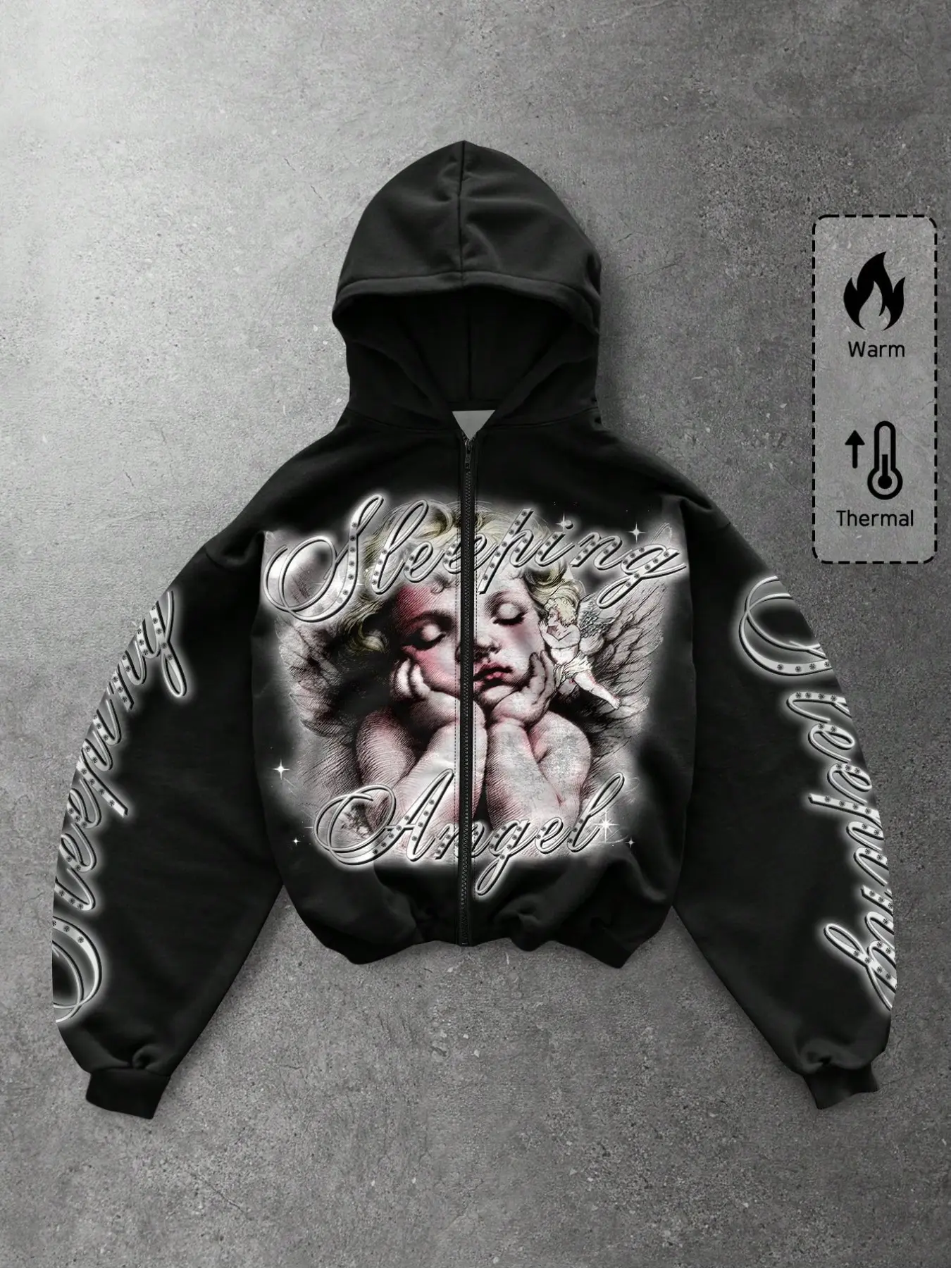 Men's Black Sleeping Angel Cherub Graphic Print Pink Rhinestone Script Thermal Full Zip Hoodie Zip Up Hooded Sweatshirt, Drawstring Hood Long Sleeve Loose Fit Y2K Vintage Streetwear Casual Daily Top