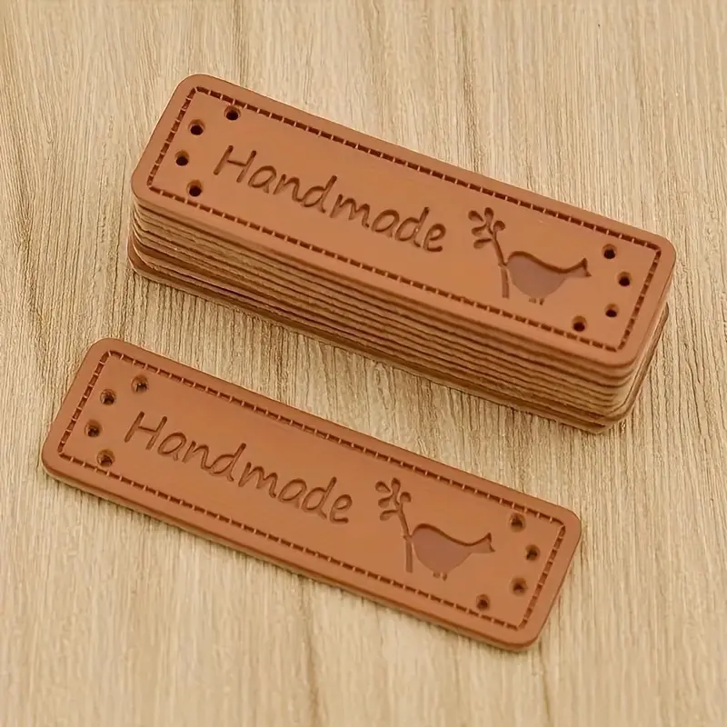 15pcs Brown PU Leather Handmade Tag, DIY Sewing Craft Hanging Tag, Clothing Bag Embroidery Decoration, Sewing Accessories Leather Tag