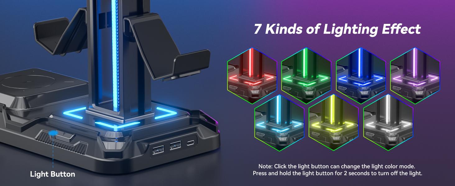 STANDARD GOODS GJ     P-CPS019    Headphone & Controller Stand with Wireless Charging - Rotatable Headset Stand with 9 Light Modes - Controller Holder with 2 USB and Type C Ports - for Gamers Desktop Accessories