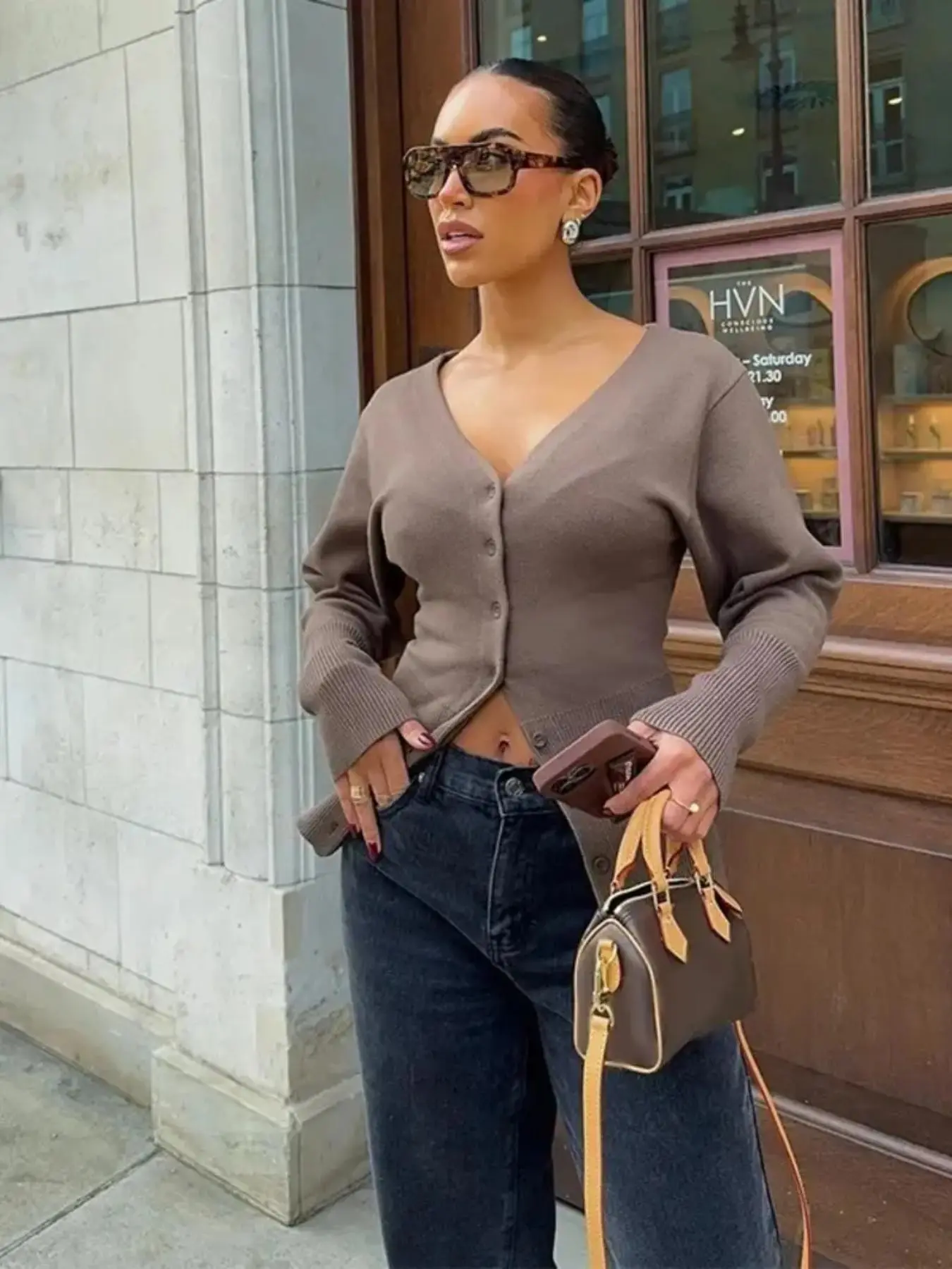 Women's Solid V-Neck Cardigan Long Sleeve Button Front Ribbed Knitwear Elegant Slim Fit Sweater Top Fall Winter Daily Wear Fashion Knit Clothing Ladies Casual Outfits