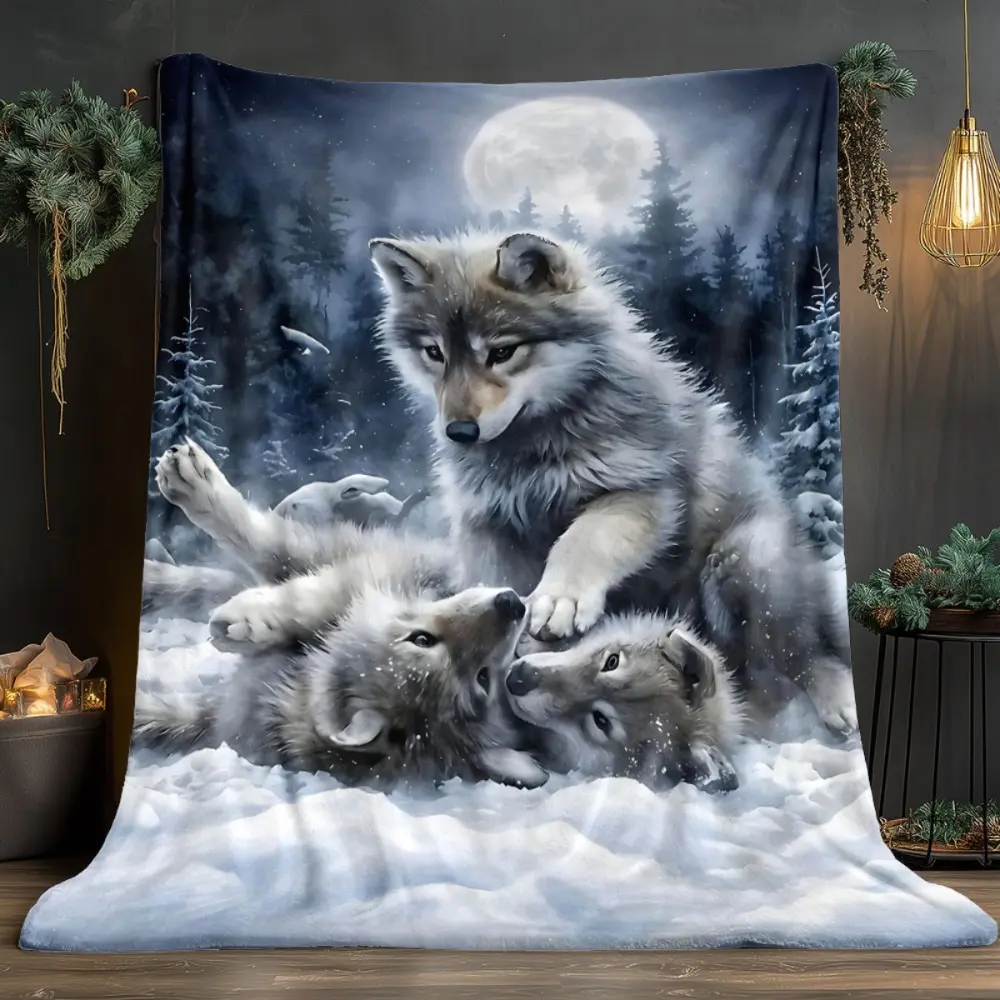 Cozy Wolf - Themed Fleece Blanket, Soft Flannel Throw for Bed/Couch, Winter Warm Decorative Blanket with Snowy Forest & Moon Design, Perfect for Home Relaxation. Suitable for all four seasons, the afternoon nap blanket is soft and breathable