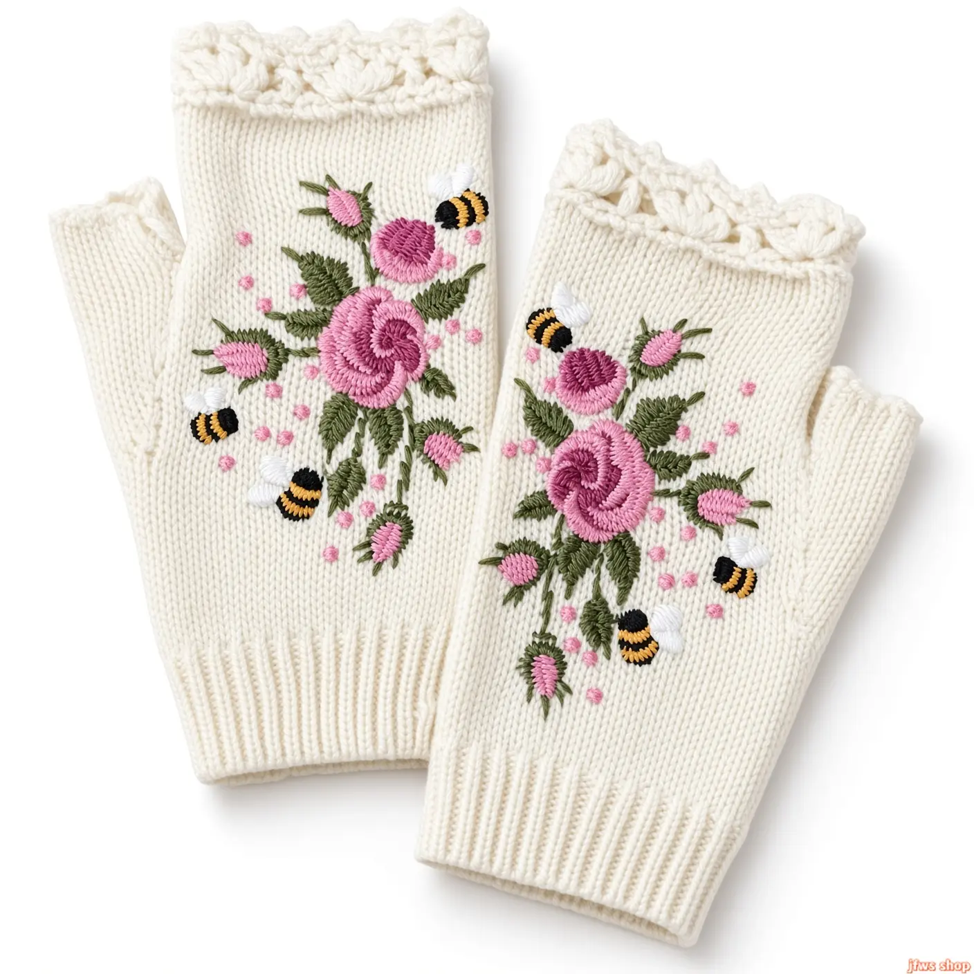 Handmade Embroidered Knit Fingerless Gloves, 2 Pairs White – Cute Aesthetic Winter Accessories for Women, Cozy Coquette Cottagecore Fairy Grunge Gloves tiktokshopbacktoschool