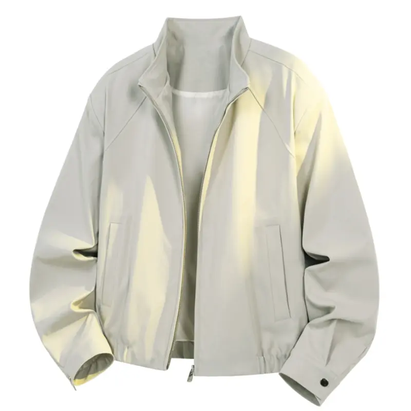 Men's Stand Collar Zip-up Harrington Jacket, Raglan Sleeve Side Slant Pockets Button Cuff Detail Elastic Waist Hem Relaxed Fit Smooth Wrinkle-resistant Fabric Minimalist Smart Casual Outerwear For Office Commute Daily Leisure Outfit Matching # SummerWins