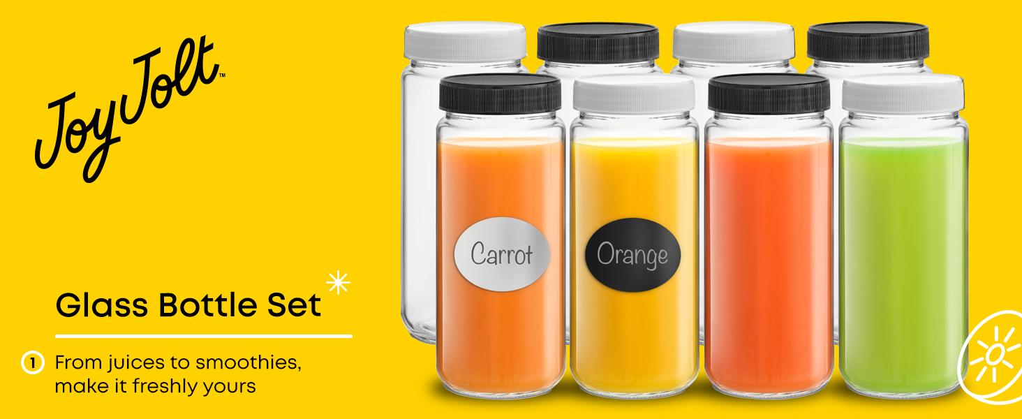PLL Glass Juice Bottles, 16 oz Glass Bottles with Caps.Set of 8 Juice Containers with Lids for Fridge, and Labels for Juice Jars.Glasses for Juice, Cold Brew Bottles, Smoothie Jars