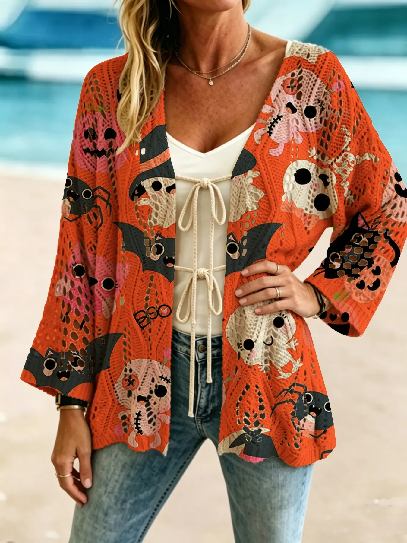 Women's Elegant Halloween Cartoon Bat Print Long Sleeve Knit Cardigan, Casual Breathable Knitted Sweater, Spring Summer Fall Clothing