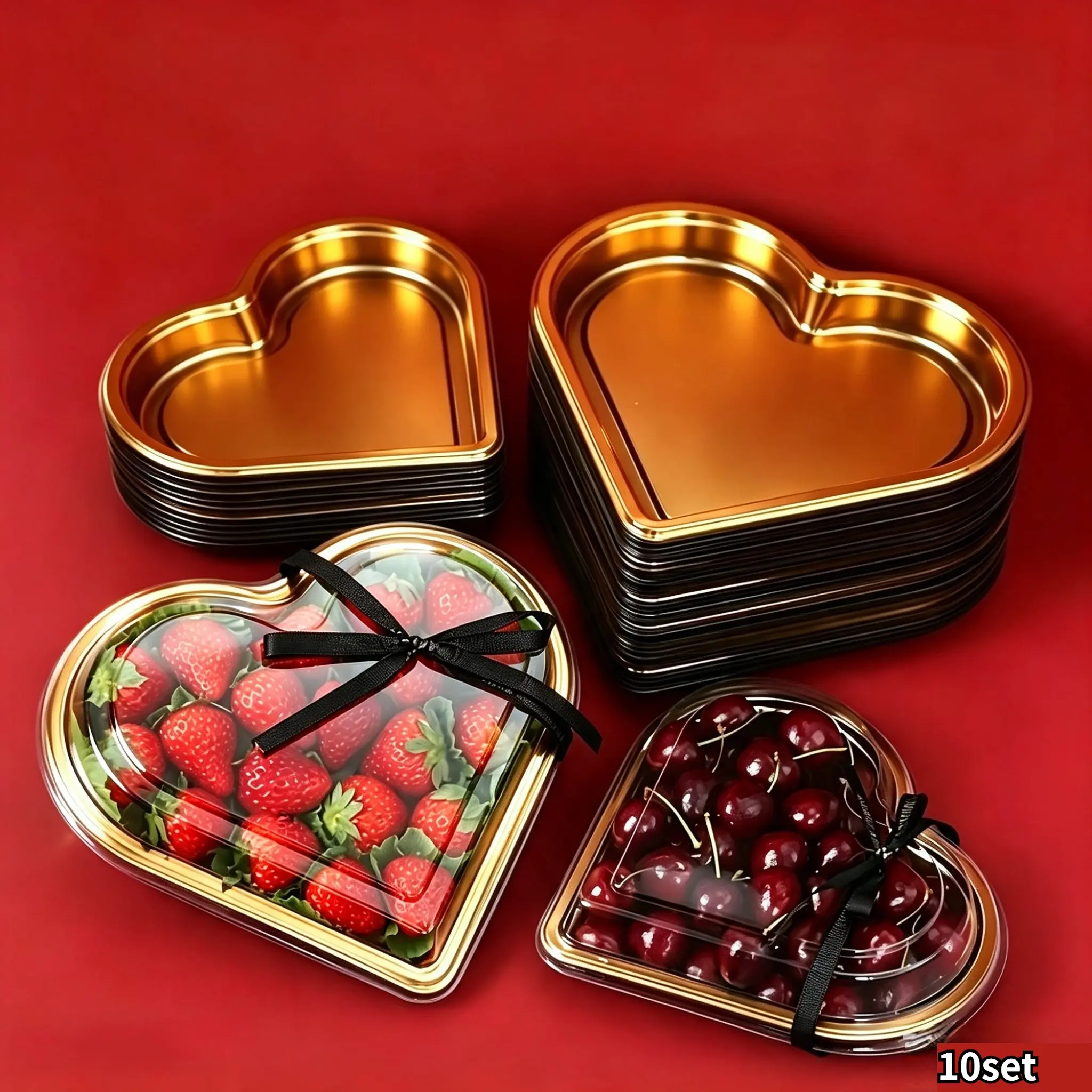 Heart-Shaped Pet Plastic Tray with Transparent Lid, Disposable Snack Platter, Fruit, Sushi, Salad Container, Gift Box for Events