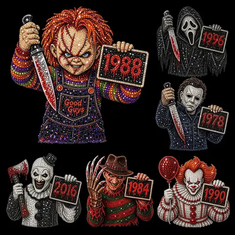 Vintage Horror Villain DTF Heat Transfer Iron-On Sticker - Non-sequin, Multiple Styles, Washable Print - Halloween Killer Vibe for T-Shirts, Hoodies, Fabric Decorations