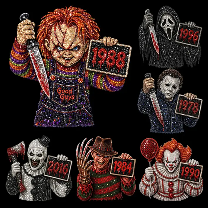 Vintage Horror Villain DTF Heat Transfer Iron-On Sticker - Non-sequin, Multiple Styles, Washable Print - Halloween Killer Vibe for T-Shirts, Hoodies, Fabric Decorations