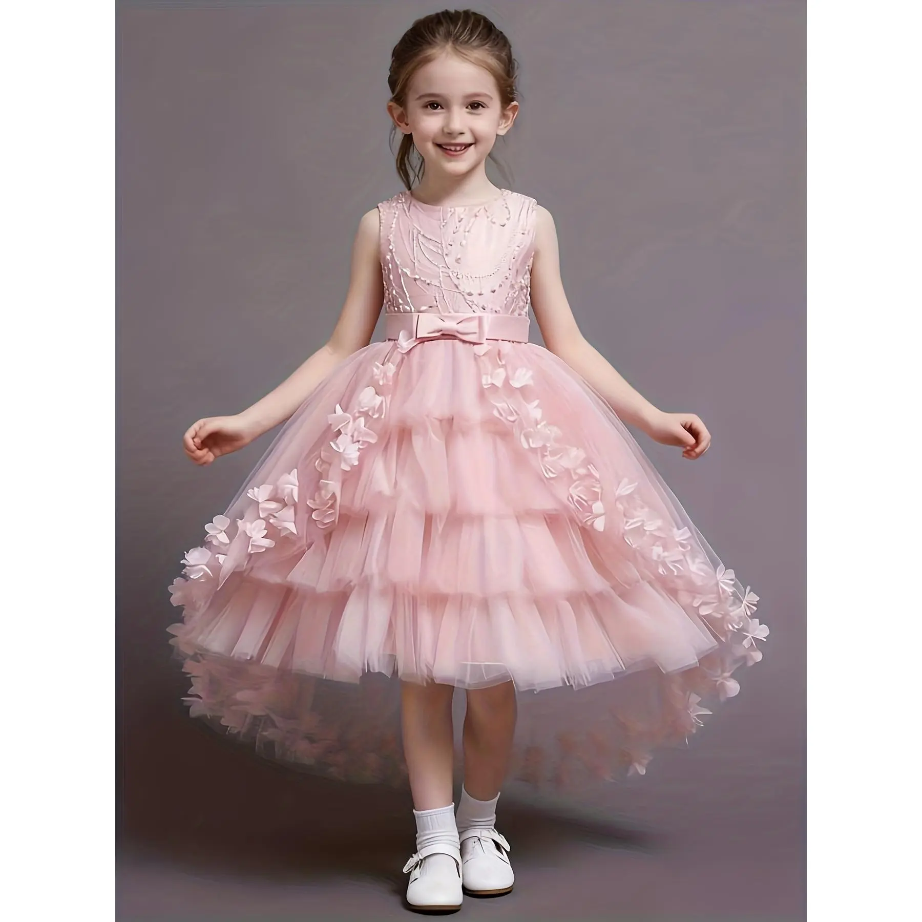 Girls Elegant & Fancy Sleeveless Fake Pearls Decor Bowknot Front Tiered Mesh Tutu Dress With Flowers Design Party & Ball