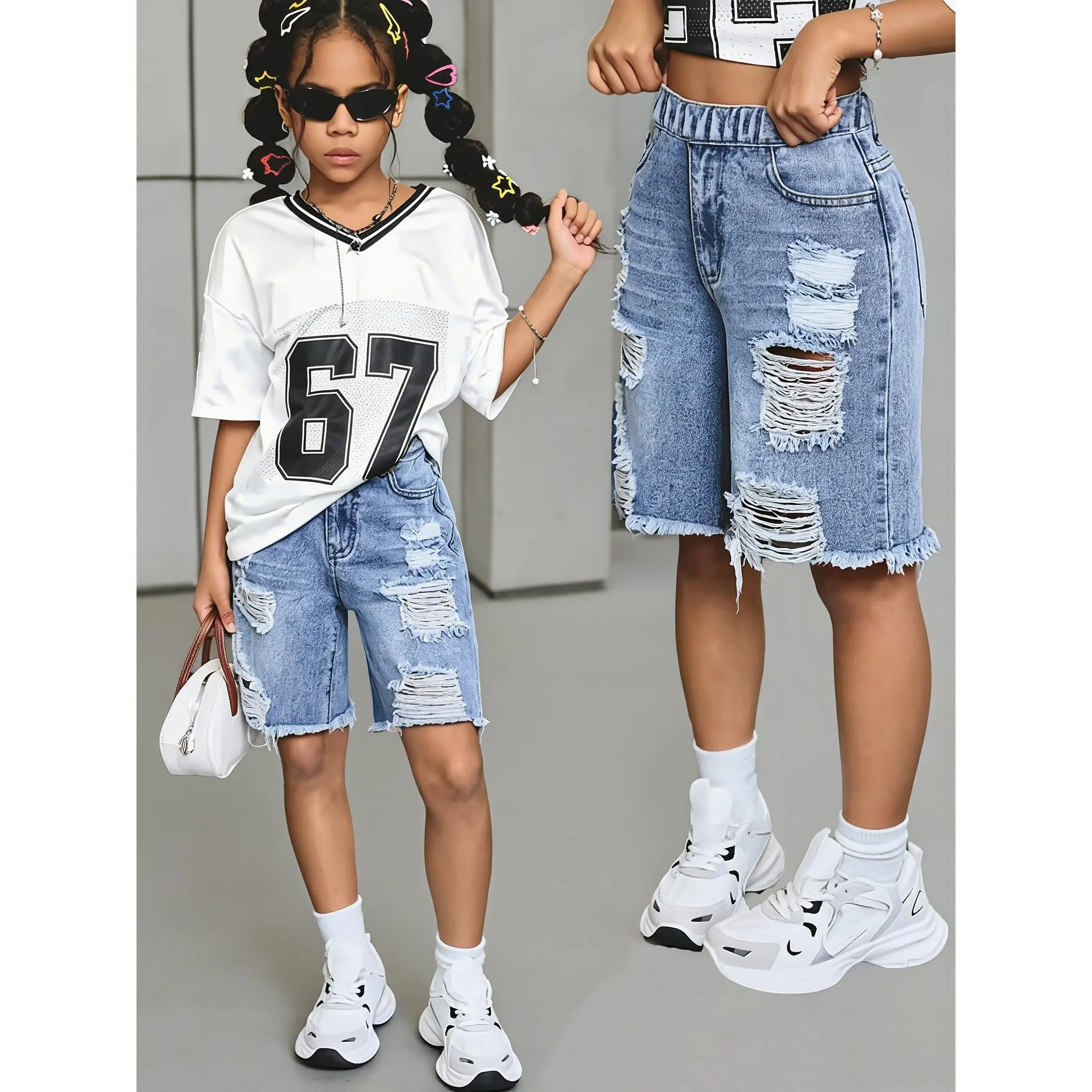 Girls' summer clothing, sweet and cool street style girls' ripped frayed denim shorts, Y2K elastic waist loose straight design, vintage washed casual children's wear, versatile casual jeans for older girls