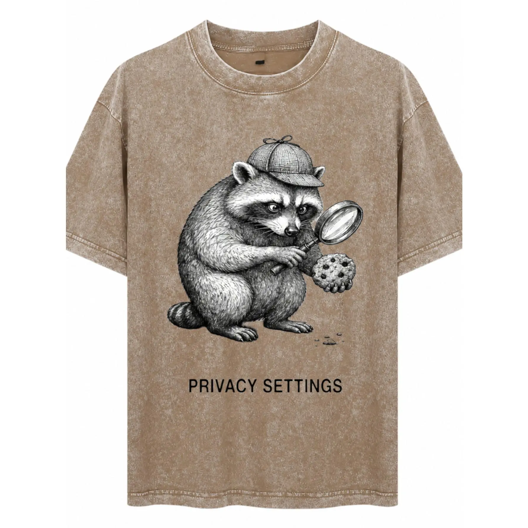 Men's Heavyweight Unisex Acid Wash Cotton Round Neck Short-Sleeve T-Shirt - Streetwear Top, Raccoon Detective Graphic, Screen-Printed Design, Menswear for Urban Fashion Enthusiasts, Tshirt, Shortsleeve, Acid-Washed Print Men's Short-Sleeve T-Shirts
